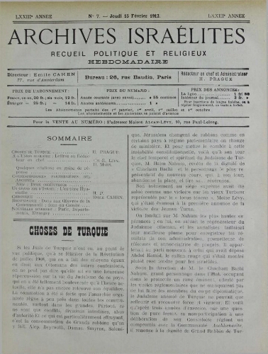 Archives israélites de France. Vol.73 N°07 (15 févr. 1912)